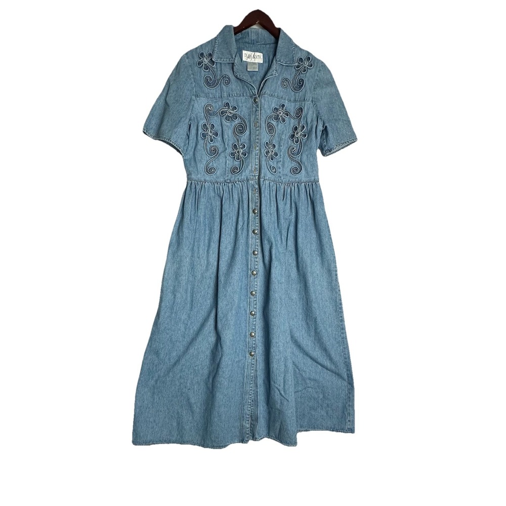 Denim Plaza South Maxi Dress Appliqué Front Gathered Waist Shoulder Pads 12